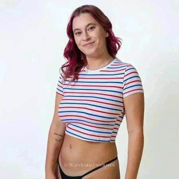 Red White & Blue Stripe Cropped Tee Shirt - Picture 5 of 6